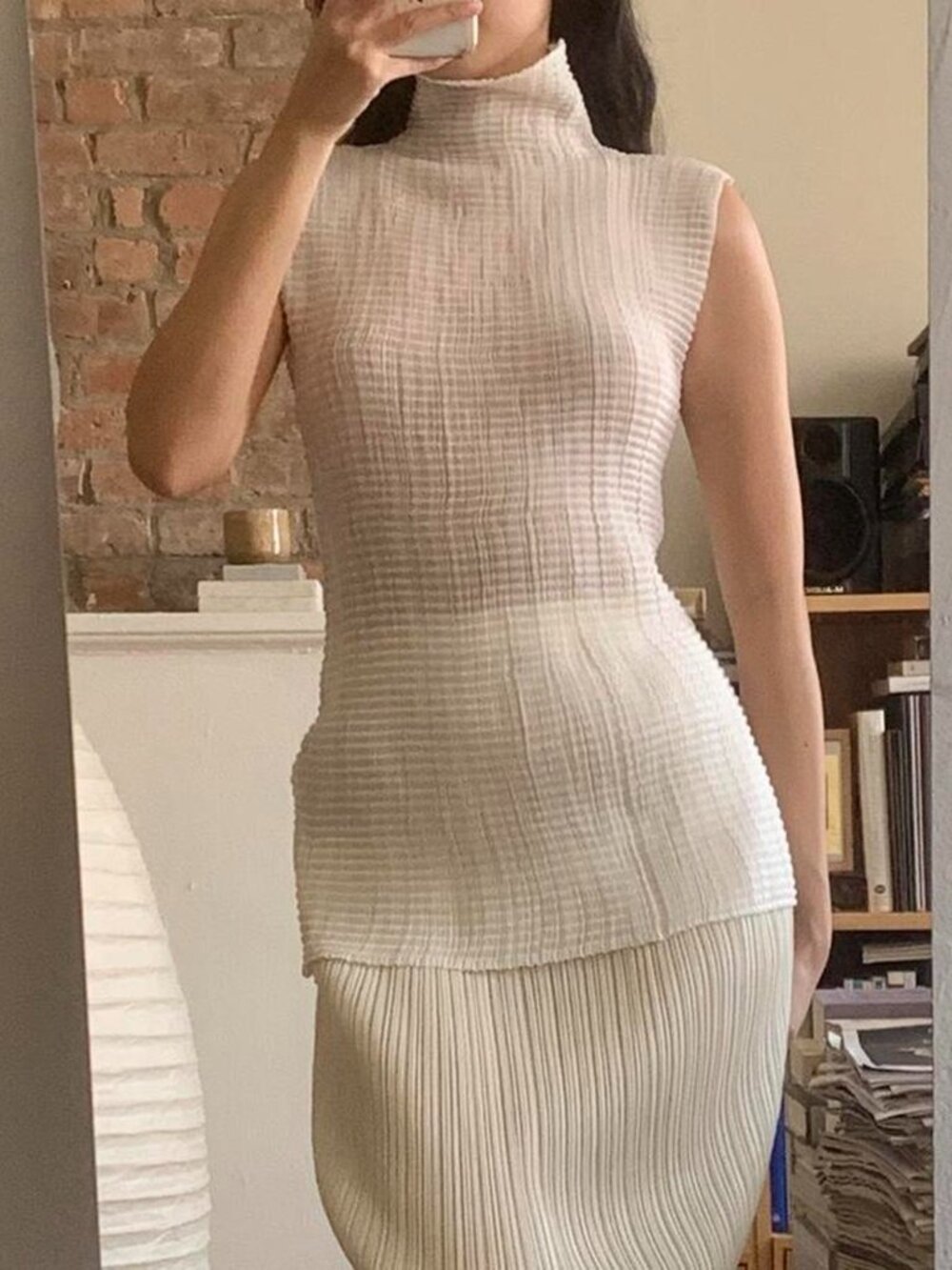 Issey Miyake Wooly Pleats Turtleneck Tank White M